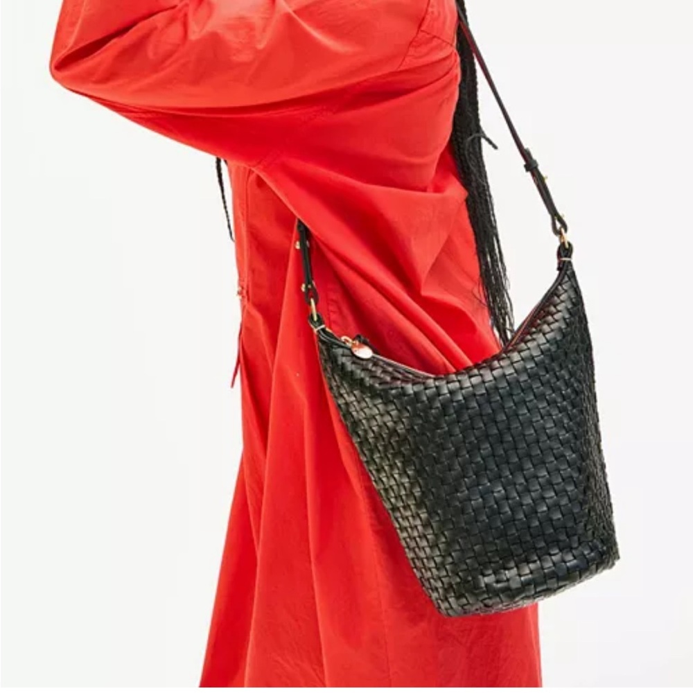 Clare V Petite Jeanne Woven Leather Black Bucket Bag w/ Green Shortie Strap